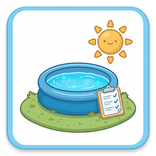 Icon Poolpflege für Einsteiger: Pool mit klarem Wasser und Klemmbrett mit abgehakter Checkliste daneben