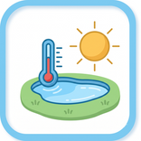 Icon Poolpflege bei Hitze: Pool mit Thermometer unter praller Sonne, Algen vorbeugen bei hohen Temperaturen