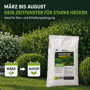 Vor einer üppigen Hecke steht ein Sack „TerraUno Heckenstark – Hecken-, Strauch-  Koniferendünger“. Symbole weisen auf März bis August als besten Düngungszeitraum für kräftige, gesunde Hecken hin, was im deutschen Text hervorgehoben ist.
