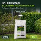 Vor einer Hecke steht ein Sack „TerraUno Heckenstark – Hecken-, Strauch-  Koniferendünger“: Die linke Seite ist spärlich bewachsen, während die rechte Seite üppig gedeiht. Der Text hebt die Vorteile des Düngers für Hecken, Sträucher und als wirksamen Koniferdünger hervor.