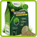 Ein grüner Beutel mit Rasensamen Gras-Samen mit deutschem Text, auf dem Bilder von Gras und Samen zu sehen sind und der als geeignet für die Anlage strapazierfähiger, dichter Rasenflächen ausgewiesen ist.