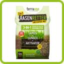 Eine Packung des Rasenpflegeprodukts „TerraUno 3-in-1 Rasenretter“, bestehend aus Saatgut, Dünger und Aktivator, mit grün-schwarzen Grafiken und Grasmotiven auf der Verpackung.