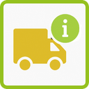 Gelbes Lieferwagen-Symbol mit einem grünen Informationssymbol darüber, eingeschlossen in einem grün umrandeten Quadrat.