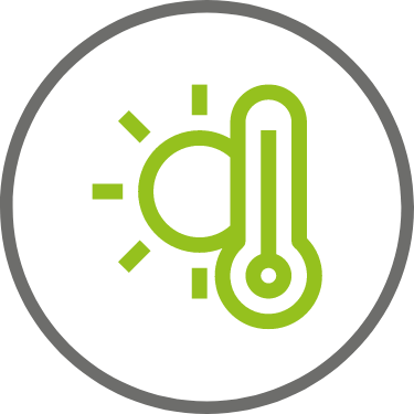 Grünes Symbol einer Sonne und eines Thermometers innerhalb eines grauen Kreises, das Temperatur oder Wetterbedingungen symbolisiert.