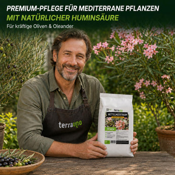 Premium-Pflege für mediterrane Pflanzen mit natürlicher Huminsäure – TerraUno Mittelmeertraum BIO-Dünger