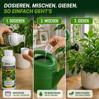 Pflanzenglück Anwendung: dosieren, mit Wasser mischen, gießen – 5 ml pro 1 Liter