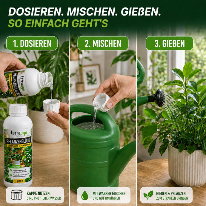 Pflanzenglück Anwendung: dosieren, mit Wasser mischen, gießen – 5 ml pro 1 Liter