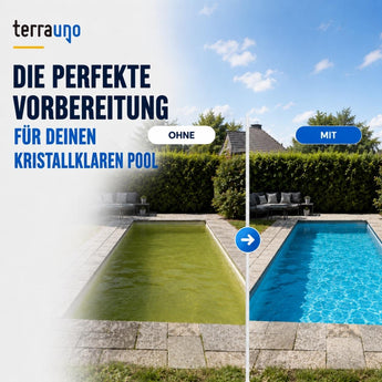 Geteiltes Bild eines Pools im Garten: Auf der linken Seite ist grünes, trübes Wasser mit der Beschriftung „OHNE“ zu sehen, während auf der rechten Seite klares, blaues Wasser mit der Beschriftung „MIT“ zu sehen ist. Der Text wirbt für die Vorbereitung eines kristallklaren Pools mit TerraUno pH-PLUS Granulat zur Anhebung des pH-Werts.