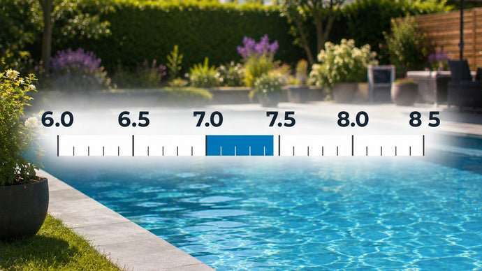 pH-Skala für Poolwasser von 6,0 bis 8,5 mit blau markiertem Idealbereich zwischen 7,0 und 7,4 vor einem Gartenpool