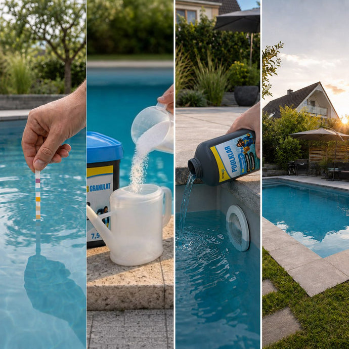 Anwendung des TerraUno Poolklar Sets in vier Schritten: pH-Wert mit Teststreifen messen, pH-Granulat dosieren, Poolklar an der Einlaufdüse zugeben, klarer Pool am Abend