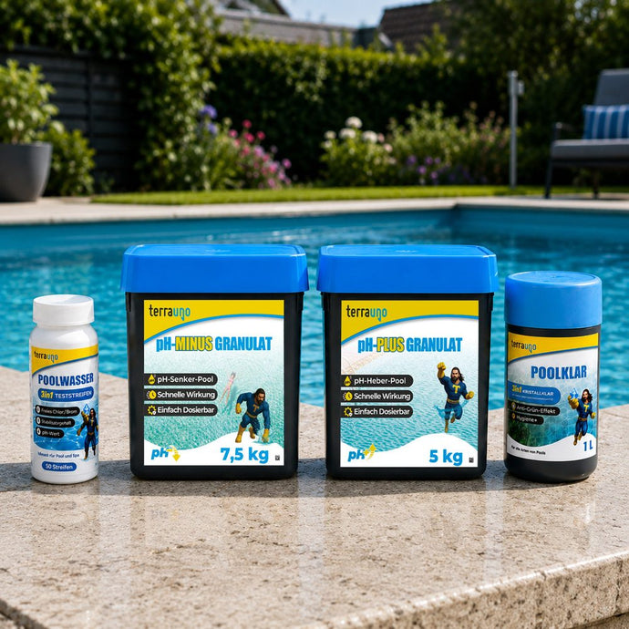 TerraUno Poolklar Set am Pool: Aquacheck Poolwasser 3in1 Teststreifen, pH-Minus Granulat 7,5 kg, pH-Plus Granulat 5 kg und Poolklar 3in1 Konzentrat 1 Liter