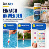 Anhand der bereitgestellten Produktdaten lautet der umformulierte Satz wie folgt: Ein Testset für Poolwasser mit Gebrauchsanweisung: Tauchen Sie einen TerraUno Aquacheck-Teststreifen ins Wasser, schütteln Sie überschüssiges Wasser ab und vergleichen Sie anschließend die Farben anhand einer Farbtabelle für Chlor und pH-Wert. Die Bilder zeigen jeden Schritt neben einem Schwimmbecken, mit einer Flasche TerraUno Aquacheck-Teststreifen und einem Glas Wasser.