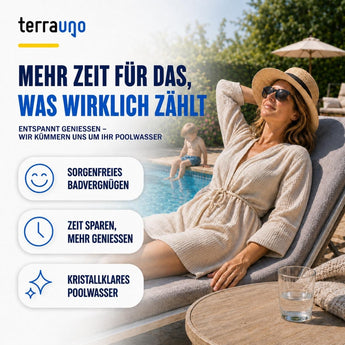 Eine Frau mit Sonnenbrille entspannt lächelnd auf einer Liege am Pool. Drei Symbole stehen für unbeschwertes Schwimmen, Zeitersparnis und klares Wasser – möglich dank der einfachen Anwendung der TerraUno Aquacheck-Teststreifen zur Kontrolle des pH-Werts und des Chlorgehalts. Der deutsche Text wirbt für entspannte Freizeit am Pool und mühelose Poolpflege.