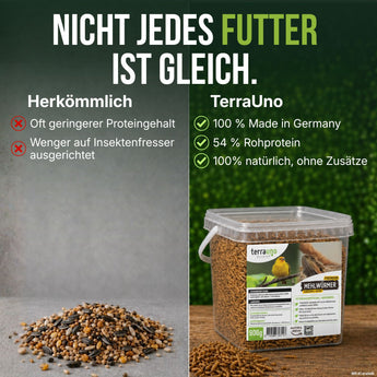 Vergleich herkömmliches Körnerfutter und TerraUno Premium Mehlwürmer mit 54 % Rohprotein