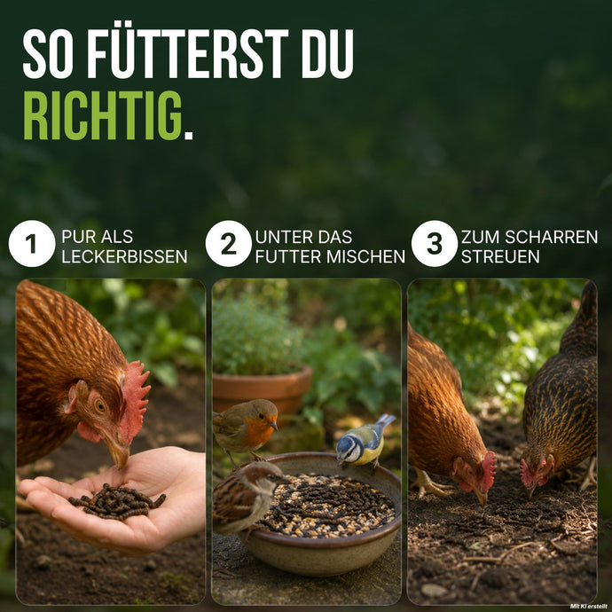 So fütterst du Soldatenfliegenlarven: pur aus der Hand, unter das Vogelfutter mischen oder für Hühner zum Scharren streuen