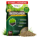 Ein 5kg Sack TerraUno Rasensamen - Nachsaat, Reparatur und Neuanlage - Angebot in RSM-Qualität, gekennzeichnet als 3 in 1 für neue Rasenflächen, Übersaat und Reparatur. Die Verpackung zeigt saftig grünes Gras und Saatgutdetails neben dem Beutel.