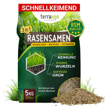 Ein 5kg Sack TerraUno Rasensamen - Nachsaat, Reparatur und Neuanlage - Angebot in RSM-Qualität, gekennzeichnet als 3 in 1 für neue Rasenflächen, Übersaat und Reparatur. Die Verpackung zeigt saftig grünes Gras und Saatgutdetails neben dem Beutel.