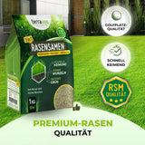 Ein Paket von TerraUno Rasensamen - Nachsaat, Reparatur und Neuanlage - Angebot liegt auf saftigem Gras, mit Icons für RSM-Qualität, schnelle Keimung, starke Wurzeln, die für Premium-Rasen für Golfplatz-Standard werben.