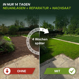 Seiten-an-Seiten-Vergleich eines Gartens: Auf der linken Seite ist nackter Boden mit der Beschriftung „OHNE“ zu sehen, auf der rechten Seite üppiges grünes Gras mit der Beschriftung „MIT“; darüber wirbt ein Text mit einer Rasenverbesserung in 14 Tagen – ideal zum Nachsäen oder zur Anlage neuer Rasenflächen mit TerraUno Rasenerde torffrei.