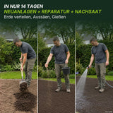 Ein Mann verteilt „TerraUno Rasenerde torffrei“, sät Grassamen als Nachsaat aus und bewässert den Boden in einem Garten, um die einzelnen Schritte der Rasensanierung zu veranschaulichen: Ausbringen der Erde, Aussaat und Bewässerung.