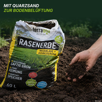 Eine Hand streut Erde aus einem offenen Sack „TerraUno Rasenerde torffrei“ auf dunkle Erde. Auf dem Sack sind Produktdetails und Text mit grünen und gelben Akzenten zu sehen, die diese hochwertige, torffreie Rasenerde hervorheben – eine umweltfreundliche Wahl, die sich ideal für die Anlage neuer Rasenflächen eignet.