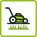 Einfaches Symbol eines Rasenmähers über grünem Gras, umrandet von einem grünen, quadratischen Rahmen.