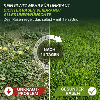Ein Rasen ist in zwei Hälften geteilt: Auf der linken Seite sind lückiges Gras und Unkraut zu sehen, beschriftet mit „UNKRAUT-PROBLEM“; auf der rechten Seite ist ein üppiger, gesunder Rasen zu sehen, beschriftet mit „GESUNDER RASEN“. Der Text hebt die sichtbaren Ergebnisse nach 14 Tagen mit „TerraUno Premium – Rasendünger mit Unkrautvernichter 22-5-5“ für einen gesunden, dichten und unkrautfreien Rasen hervor.