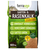 Ein 60-kg-Sack TerraUno Rasenkalk - Angebot deckt 1200 m² ab, gleicht den pH-Wert des Bodens aus, entfernt Moos und sorgt für saftig grünen Rasen. Das feine organische Granulat lässt sich leicht ausbringen, verbessert die Düngung und hilft bei der Unkrautbekämpfung.