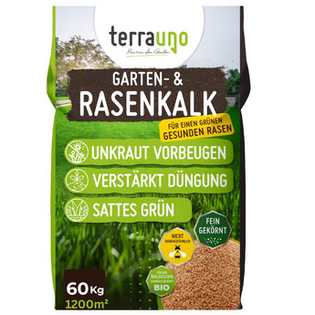 Ein 60-kg-Sack TerraUno Rasenkalk - Angebot deckt 1200 m² ab, gleicht den pH-Wert des Bodens aus, entfernt Moos und sorgt für saftig grünen Rasen. Das feine organische Granulat lässt sich leicht ausbringen, verbessert die Düngung und hilft bei der Unkrautbekämpfung.
