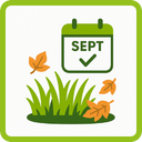 Illustration von Herbstblättern, die auf Gras fallen, mit einem Kalender, der SEPT und ein Häkchen anzeigt, alles innerhalb eines grünen Rahmens.