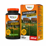 Eine Flasche und eine Verpackung von „TerraUno Flüssiger Unkrautvernichter“ mit der Abbildung eines Hauses mit Garten, beschriftet mit „Vorher“ mit Löwenzahn und Klee und „Nachher“ unkrautfreier Rasen. Der Text hebt die Anwendung auf einer Fläche von 300 m² gegen Löwenzahn und Klee hervor.
