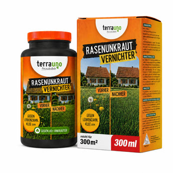 Eine Flasche und eine Verpackung von „TerraUno Flüssiger Unkrautvernichter“ mit der Abbildung eines Hauses mit Garten, beschriftet mit „Vorher“ mit Löwenzahn und Klee und „Nachher“ unkrautfreier Rasen. Der Text hebt die Anwendung auf einer Fläche von 300 m² gegen Löwenzahn und Klee hervor.