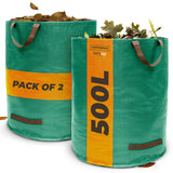 Zwei TerraUno Gartensäcke Set, 500L, rote Griffe sind teilweise mit trockenem Laub gefüllt. Aus robustem Material gefertigt, sind diese Säcke ideal zum Sammeln von Gartenabfällen. Mit der Aufschrift "PACK OF 2" versehen und in den Größen 272L oder 500L erhältlich.