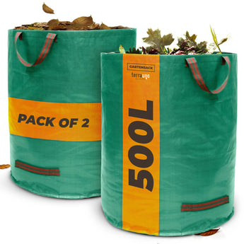 Zwei TerraUno Gartensäcke Set, 500L, rote Griffe sind teilweise mit trockenem Laub gefüllt. Aus robustem Material gefertigt, sind diese Säcke ideal zum Sammeln von Gartenabfällen. Mit der Aufschrift "PACK OF 2" versehen und in den Größen 272L oder 500L erhältlich.