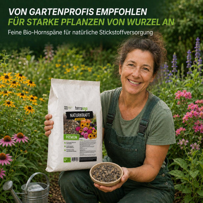 Von Gartenprofis empfohlen: feine TerraUno Bio Hornspäne für starke Pflanzen von der Wurzel an