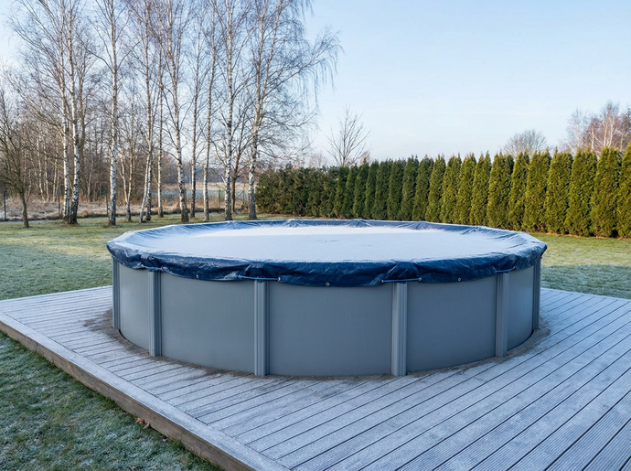 Stahlwandpool im Garten winterfest mit Abdeckung