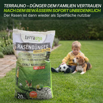 TerraUno Rasendünger Frühling-Sommer – nach dem Bewässern unbedenklich für Kinder und Hunde