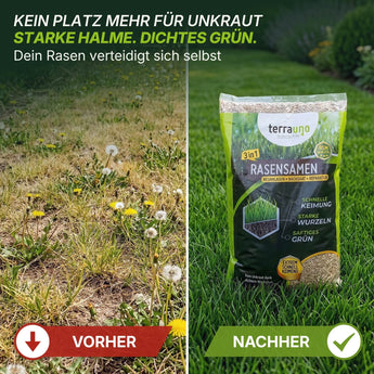 Gegenüberstellung eines fleckigen Rasens mit der Bezeichnung VORHER und eines saftig grünen Rasens mit der Bezeichnung NACHHER, die das Ergebnis der Nachsaat mit TerraUno Rasensamen - Nachsaat, Reparatur und Neuanlage zeigt.