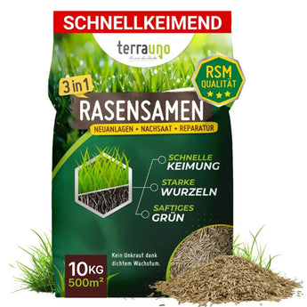 Ein 10 kg Sack TerraUno Rasensamen - Nachsaat, Reparatur und Neuanlage reicht für 500 m² und bietet schnelle Keimung, kräftige Wurzeln und üppiges Grün. RSM-Qualität sorgt für Top-Ergebnisse - ein Teil des Nachsaat-Saatguts wird vorgestreut.