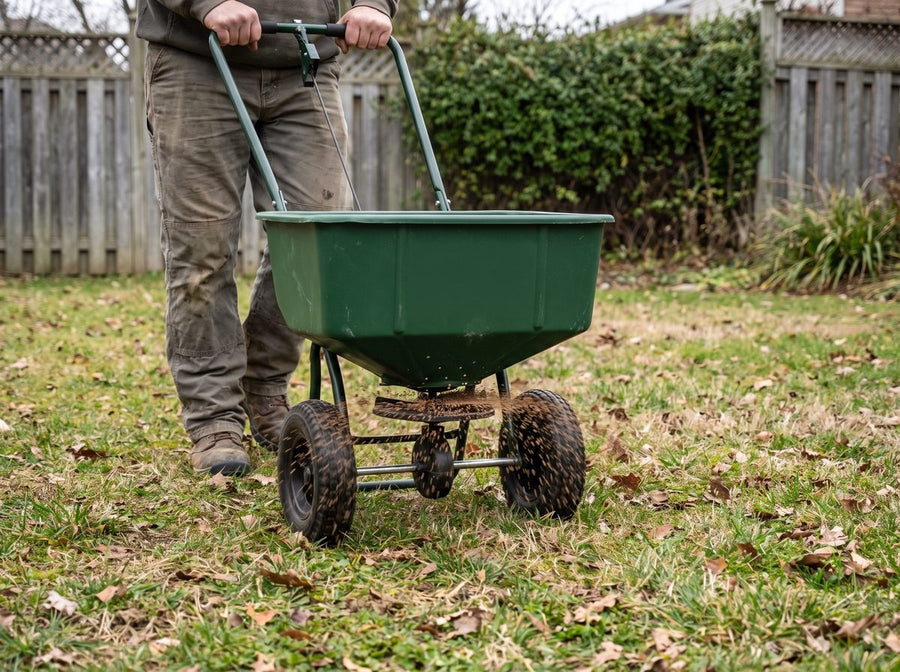 Herbstdünger wird mit dem Streuwagen ausgebracht