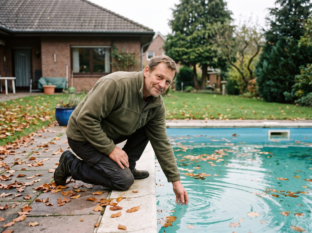 Poolbesitzer prüft im Herbst das Wasser am Beckenrand