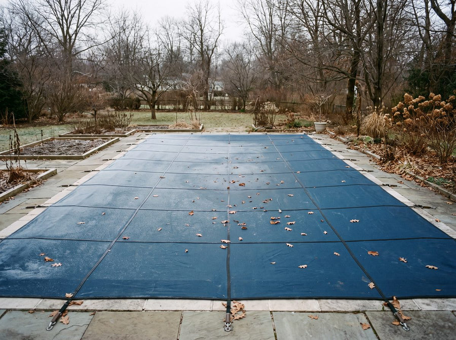 Pool mit gespannter Winterabdeckung im Garten