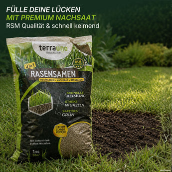 Eine offene Packung „TerraUno Unkrautschreck Paket“ steht auf einem grünen Rasen, der in Sonnenlicht getaucht ist. Auf der Verpackung ist ein deutscher Text zu lesen, der die schnelle Keimung, kräftige Wurzeln und üppiges Grün hervorhebt.