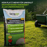 Eine Packung „TerraUno Unkrautschreck Paket“ steht auf grünem Rasen, im Hintergrund ist ein Streuwagen zu sehen; die Produkteigenschaften sind in fettgedrucktem gelbem und grünem Text hervorgehoben.