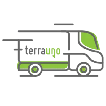 Illustration eines Lieferwagens mit der Aufschrift terrauno an der Seite. Der Lieferwagen ist in Grau mit grünen Akzenten umrandet, was Bewegung suggeriert, und hat ein modernes, minimalistisches Design.