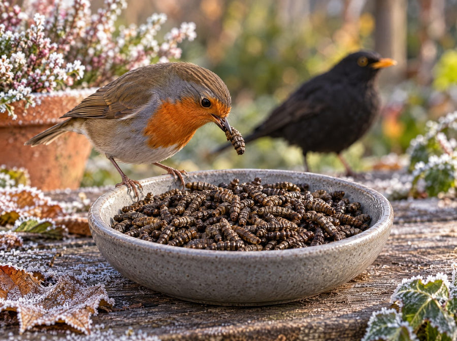 Rotkehlchen frisst Soldatenfliegenlarven aus einer Futterschale