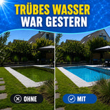 Bild eines Pools im Garten im Split-Screen-Format: Auf der linken Seite ist grünes, trübes Wasser mit der Beschriftung „OHNE“ zu sehen, während auf der rechten Seite klares, blaues Wasser mit der Beschriftung „MIT“ zu sehen ist. Der Text darüber lautet: „TRÜBES WASSER WAR GESTERN.“ Mit dem Terrauno Pool-SOS: Anti-Grün  Trüb – Set bleibt Ihr Poolwasser klar – für einen optimalen pH-Wert und ungetrübten Badespaß.