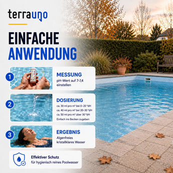 Anwendung TerraUno Pool Wintermittel in drei Schritten: pH-Wert messen, dosieren, algenfreies Wasser
